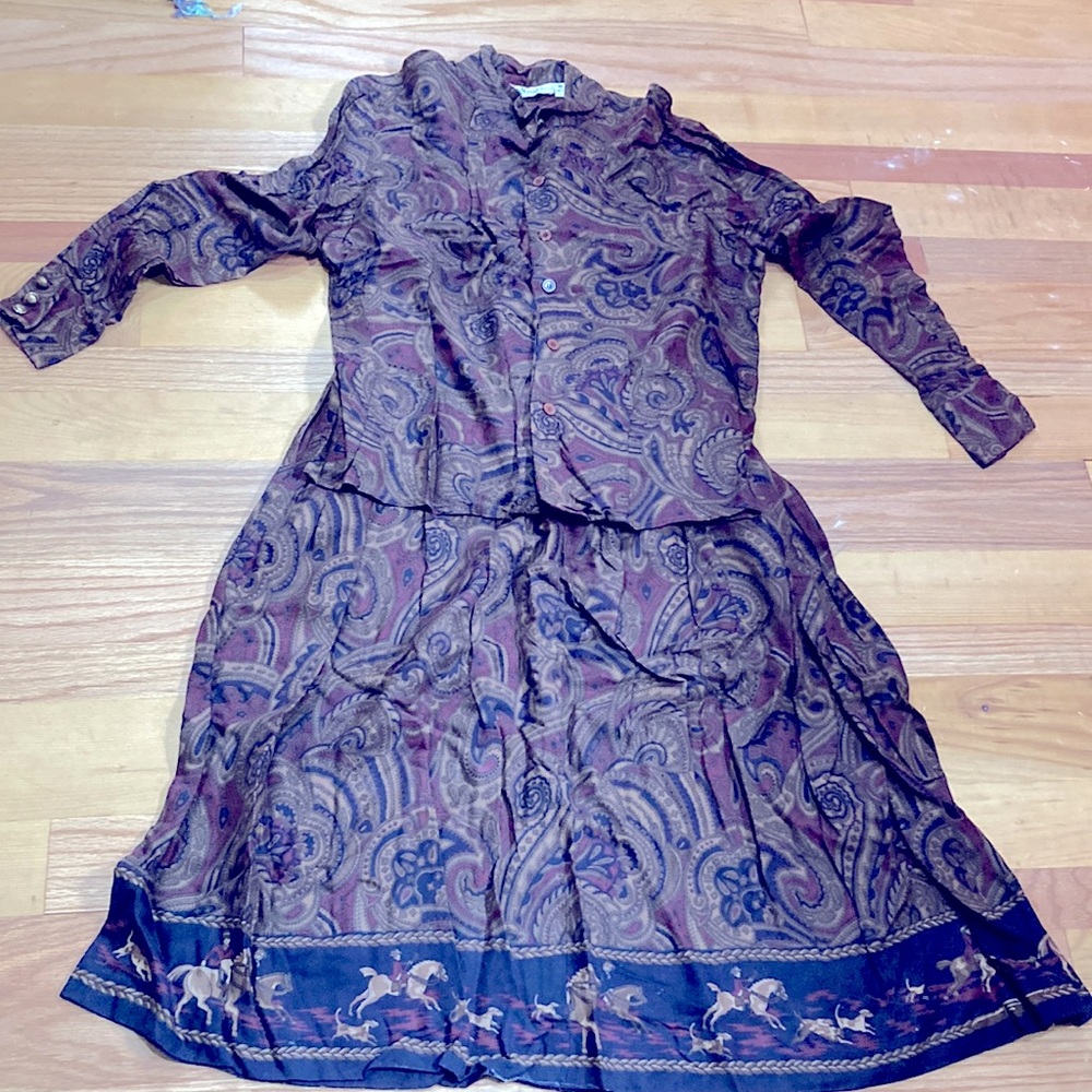 Talbot Fox Hunt & Paisley Design Brown/Black 100% Rayon,Size 10 Blouse 8 Skirt